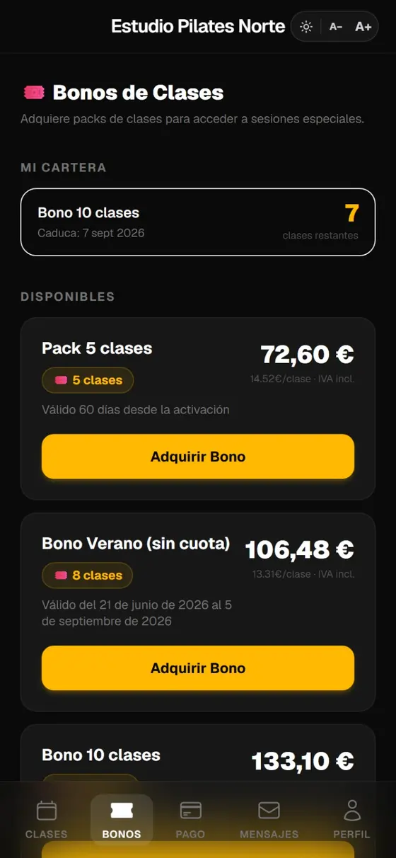 App Pilates en el móvil: bonos, panel del instructor y perfil del alumno