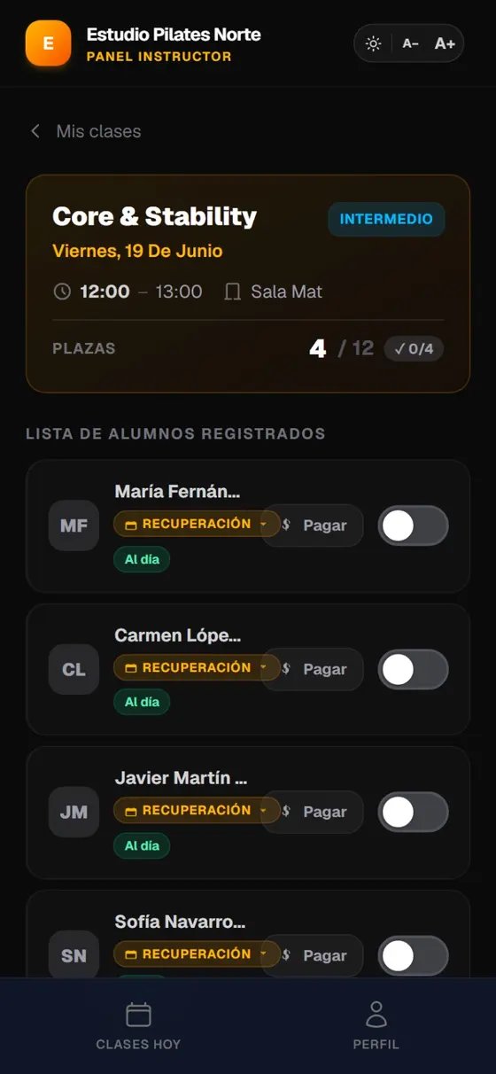 App Pilates en el móvil: bonos, panel del instructor y perfil del alumno
