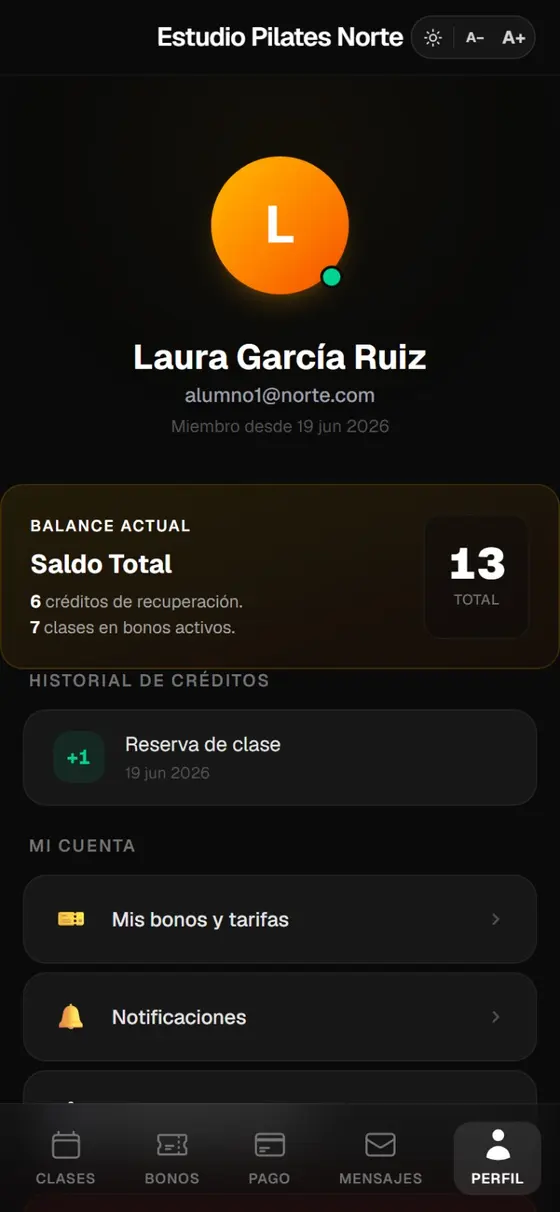 App Pilates en el móvil: bonos, panel del instructor y perfil del alumno