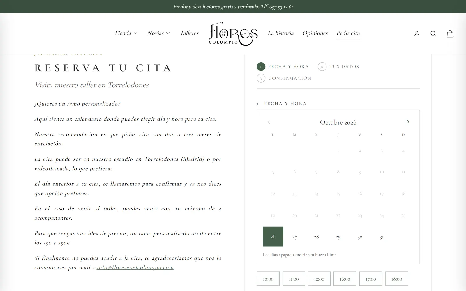 Reserva de cita para visitar el taller con calendario y horas libres
