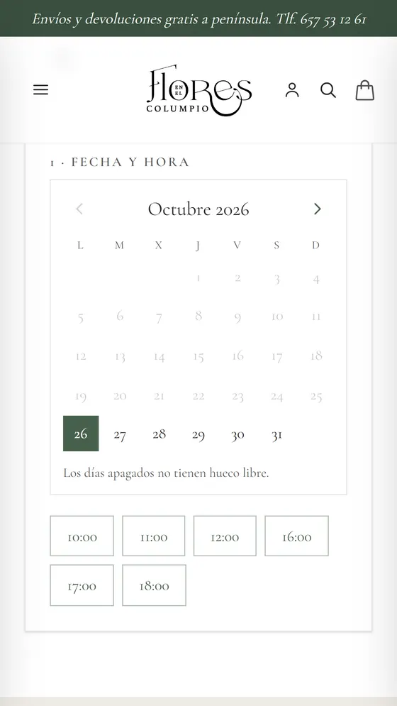 Flores en el Columpio en el móvil: portada, ficha de producto y reserva de cita