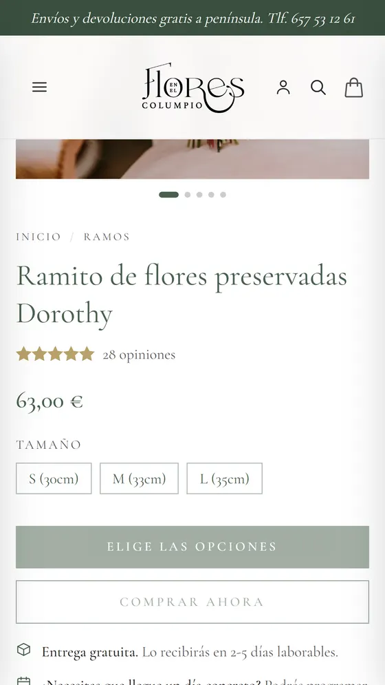 Flores en el Columpio en el móvil: portada, ficha de producto y reserva de cita