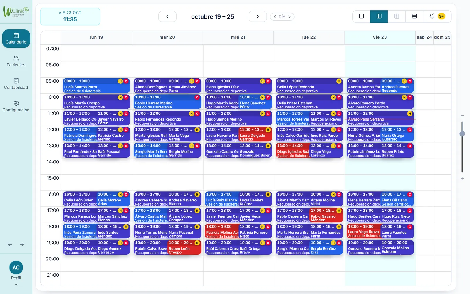 Agenda semanal de la clínica con las citas de cada fisioterapeuta