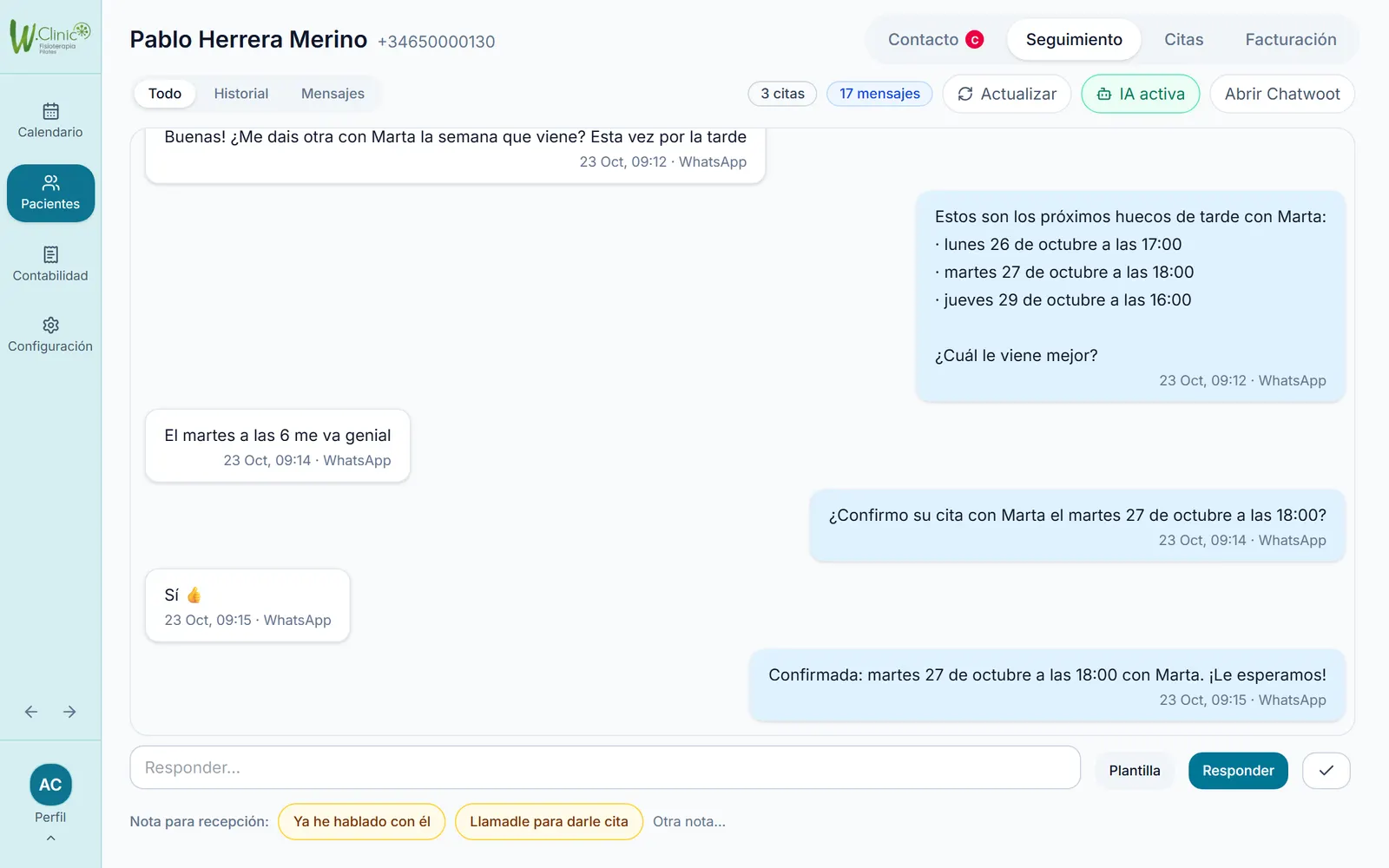 Conversación de WhatsApp en la que el asistente de IA reserva una cita