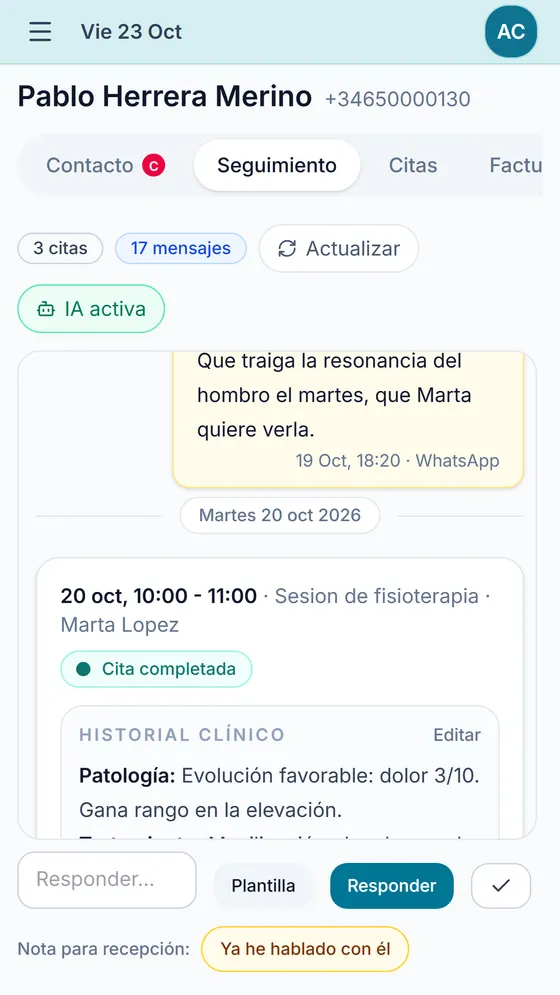 El gestor de citas en el móvil: agenda del día, conversación con el asistente e historia clínica