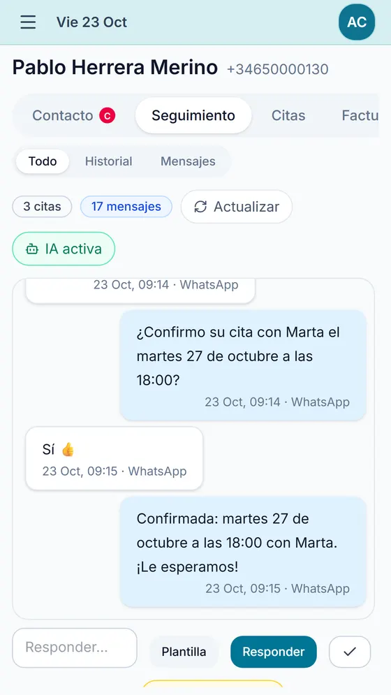 El gestor de citas en el móvil: agenda del día, conversación con el asistente e historia clínica