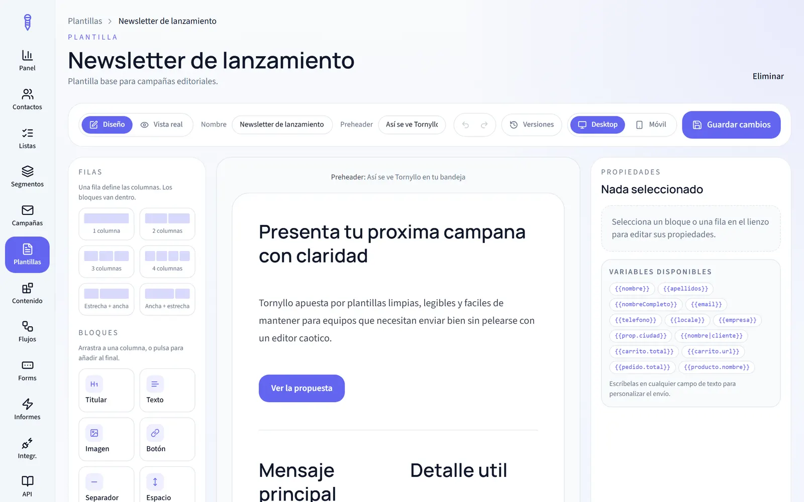 Editor de plantillas de correo por filas y bloques